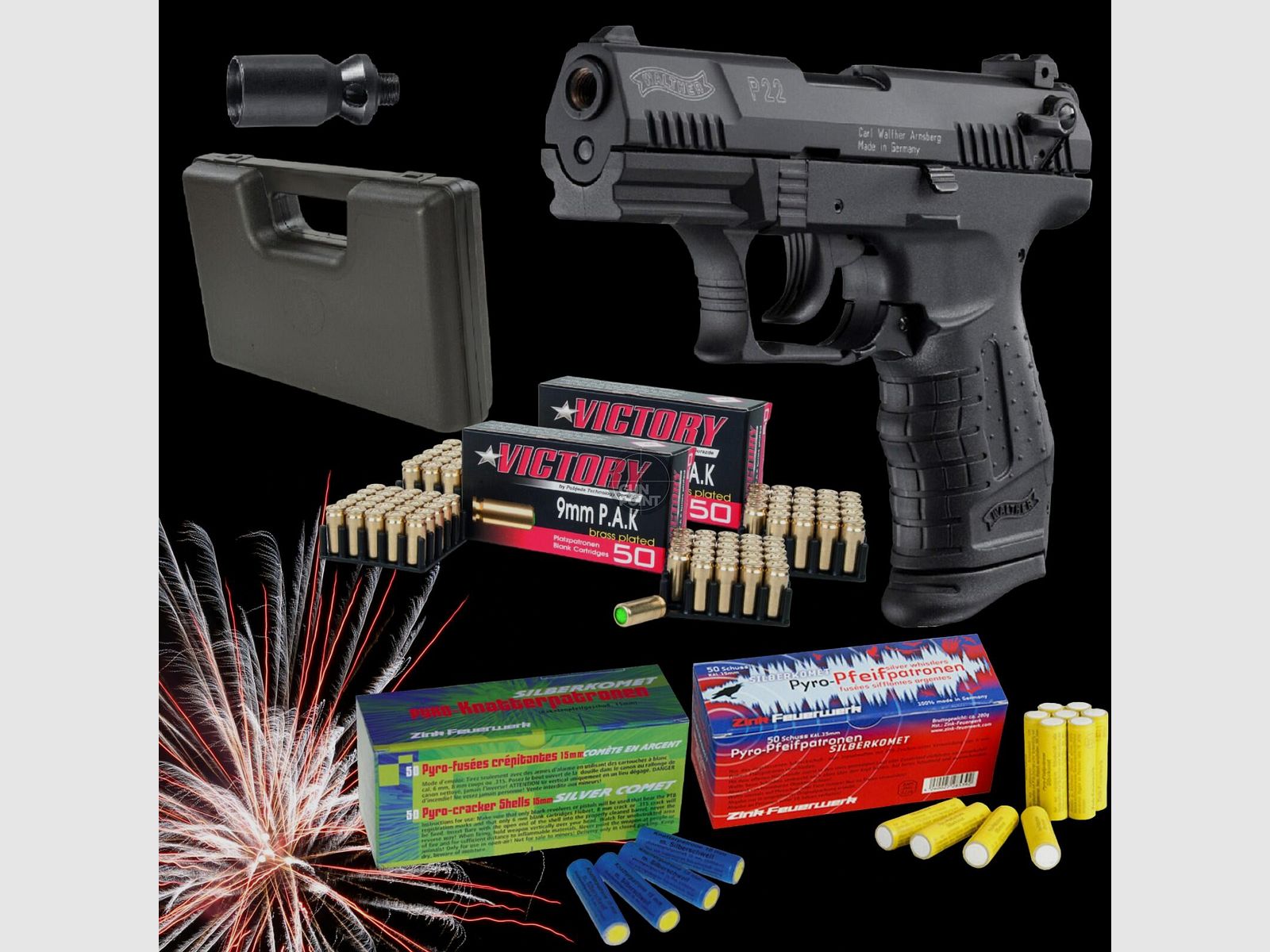 SILVESTER MEGASET !!! Schreckschuss - Pistole - Walther P22 - 9 mm P.A.K. inkl. Koffer, 100 Platzpatronen & 100 Schuss Effektmunition