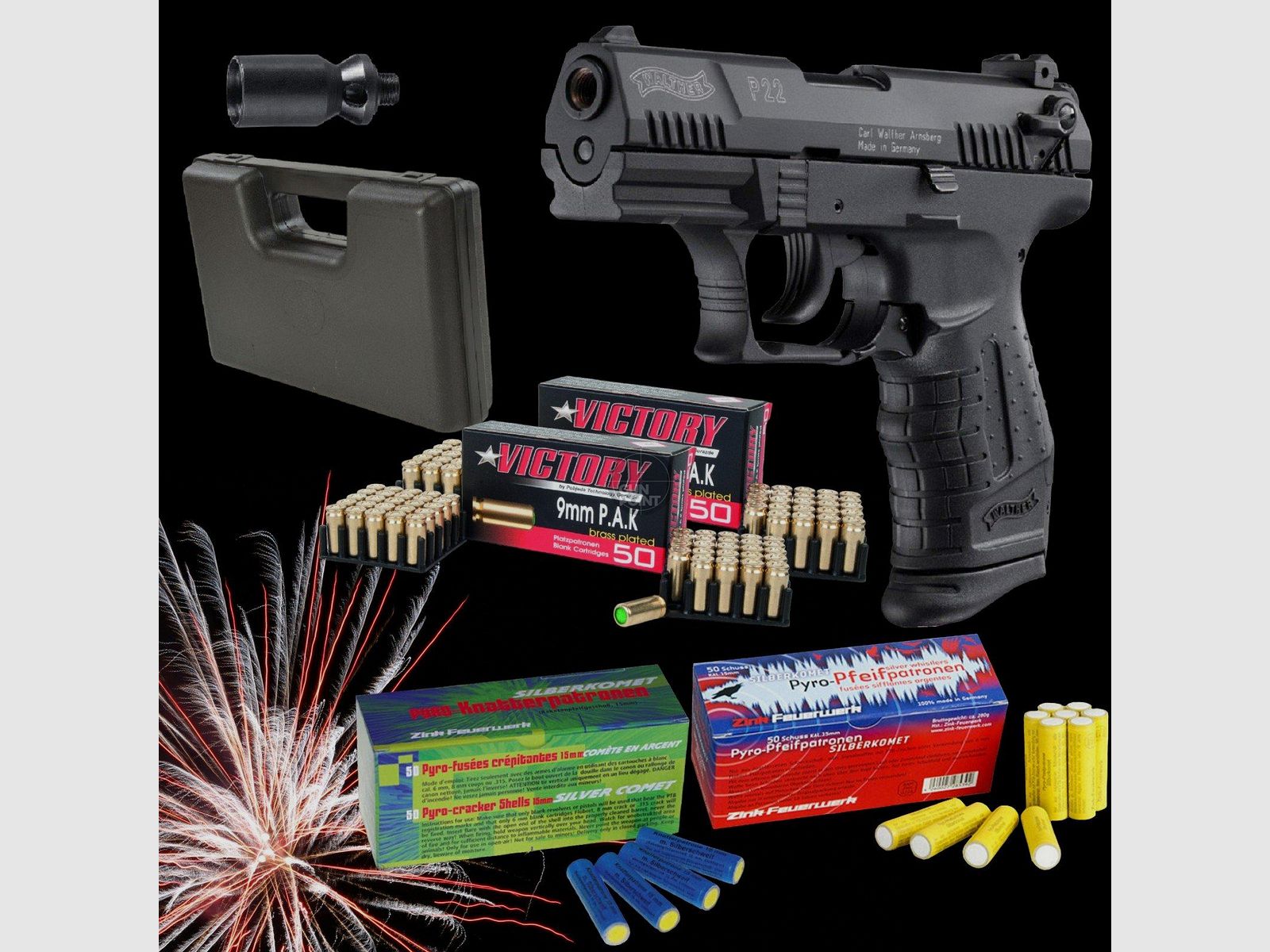 SILVESTER MEGASET !!! Schreckschuss - Pistole - Walther P22 - 9 mm P.A.K. inkl. Koffer, 100 Platzpatronen & 100 Schuss Effektmunition