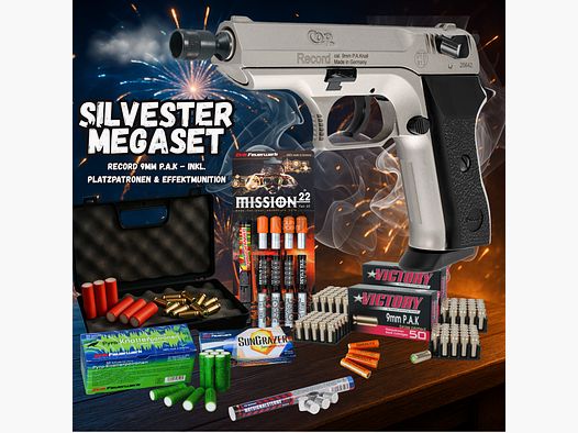 SILVESTER MEGASET !!! Pistolet à blanc - Modèle RECORD COP VN. - 9 mm P.A.K. incluant une mallette, 100 cartouches à blanc et 102 munitions à effet