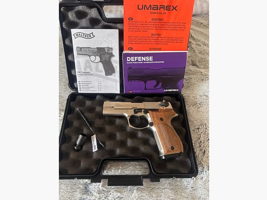 Schreckschusspistole „Walther P88“ 9mm P.A.K. ,Nickel-Ausführung mit Holzgriffschalen