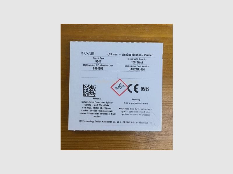 RWS Anzündhütchen für großkalibrige Büchsenpatronen, 5,33 mm, 5341 100 stück