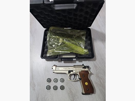 BERETTA M92FS NICKEL, HOLZGRIFFSCHALEN 6 MAGAZINE UND KOFFER  ! !