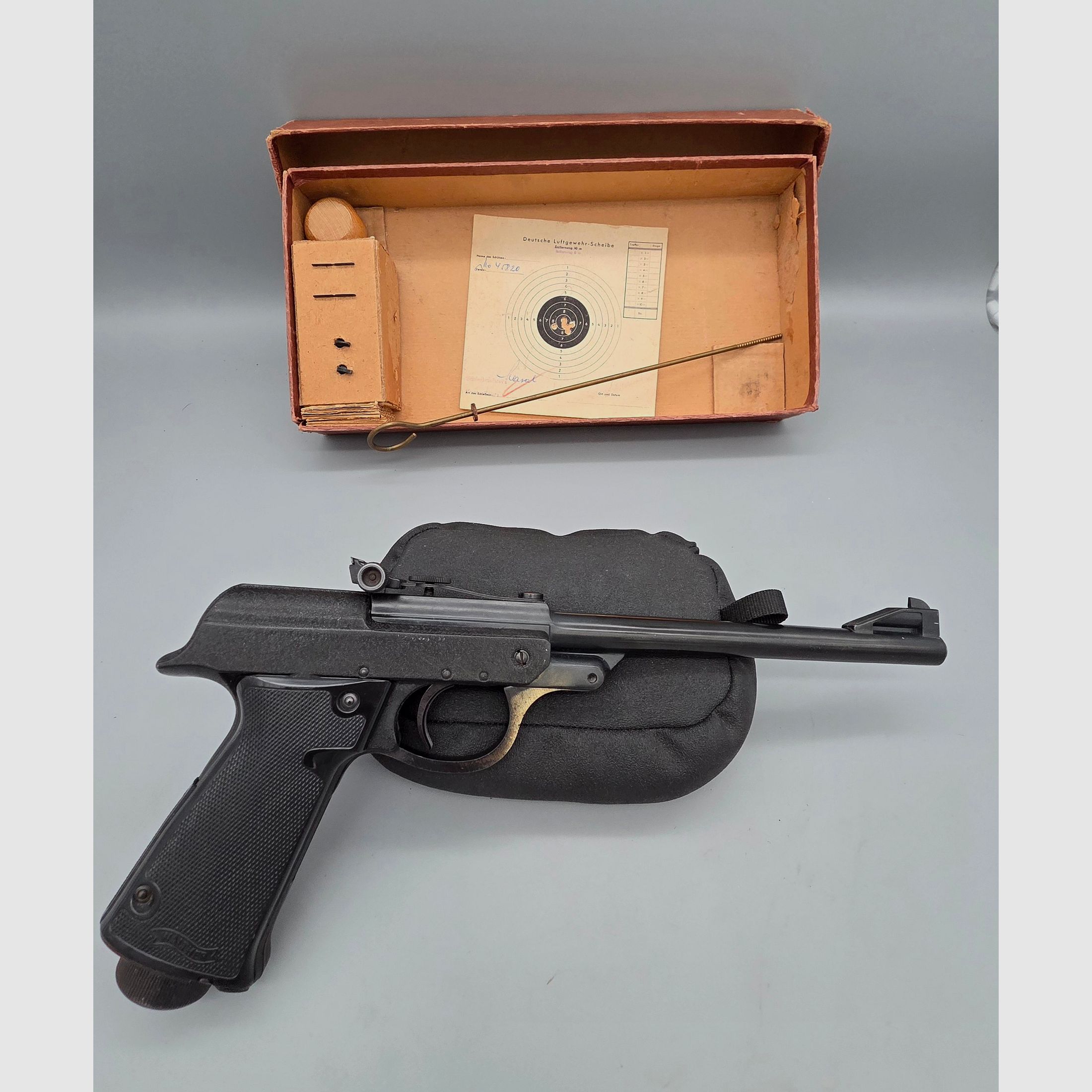 Ohne "F" !!! Luftpistole Walther Mod. LP 53 im OVP Karton u. Anschuss Scheibe aus den 60iger James Bond 007 
