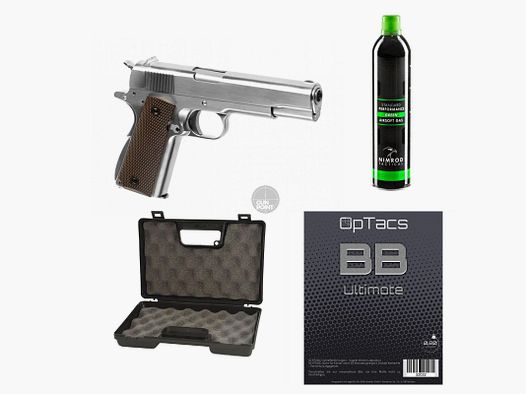 SET !!! Airsoft - Pistolet - WE - M1911 Full Metal V3 GBB argent - à partir de 18, plus de 0,5 Joule