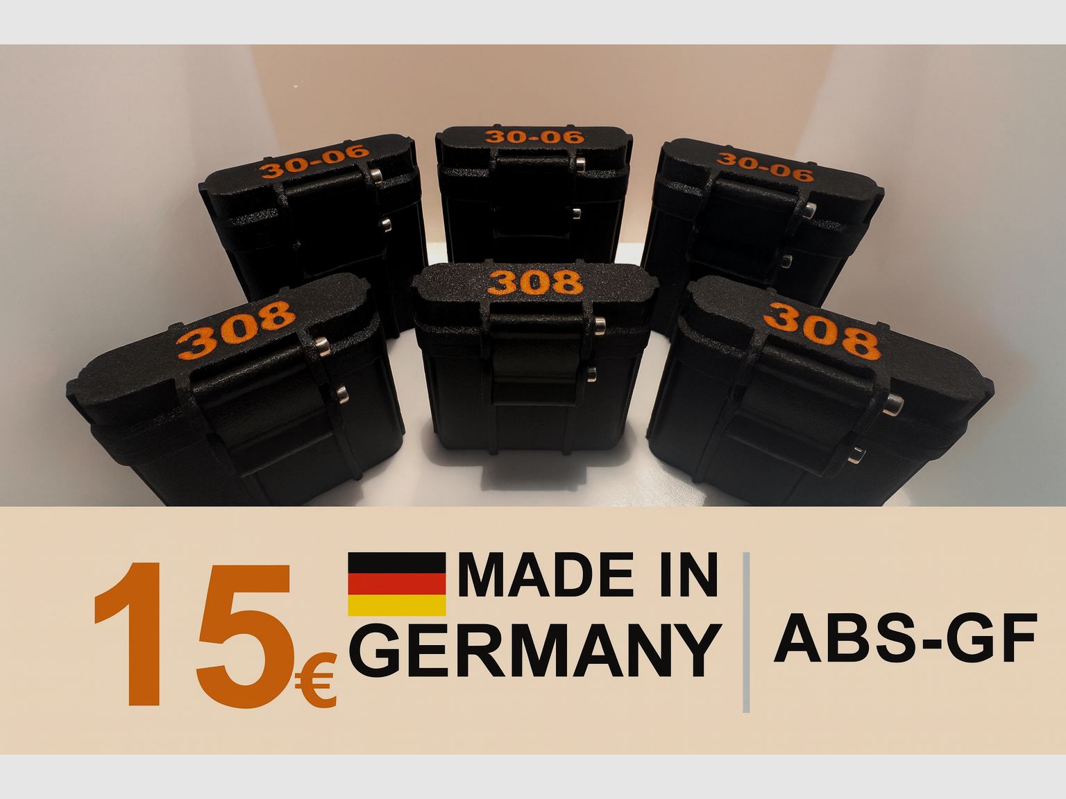 3D-printed ammunition boxes made of ABS-GF – suitable for .308 & .30-06 (5 rounds)