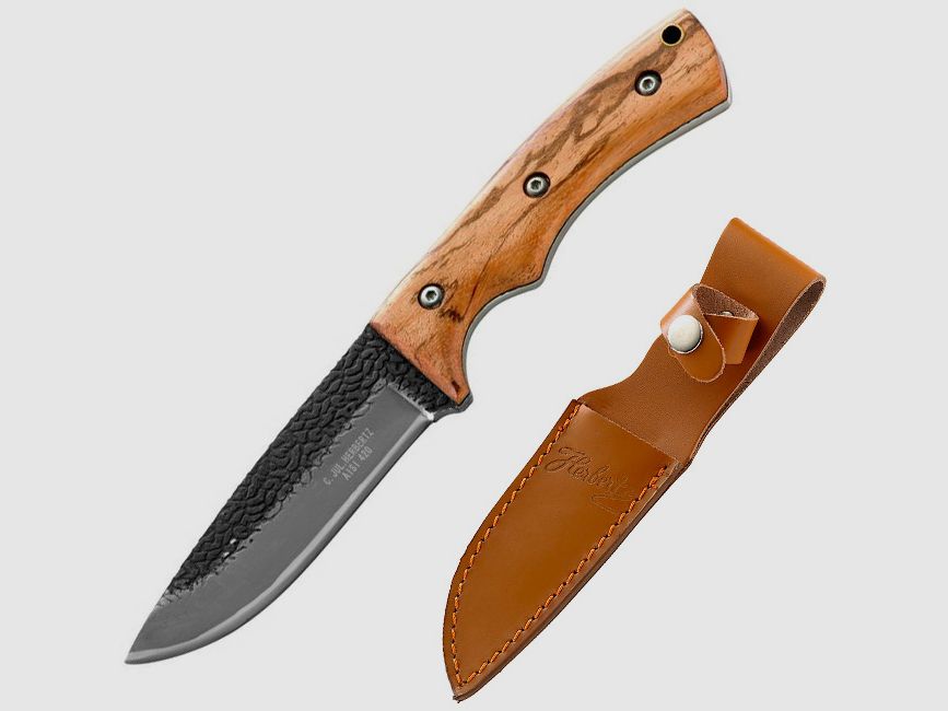 Cuchillo, madera de cebra, funda de cuero, aspecto rústico de forja