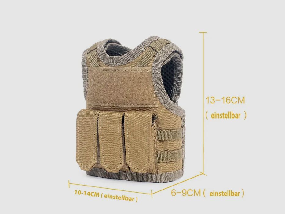 Mini Tactical Schutzweste mit Fronttaschen für Bierflasche / Weinflasche / Thermosflasche - Sand