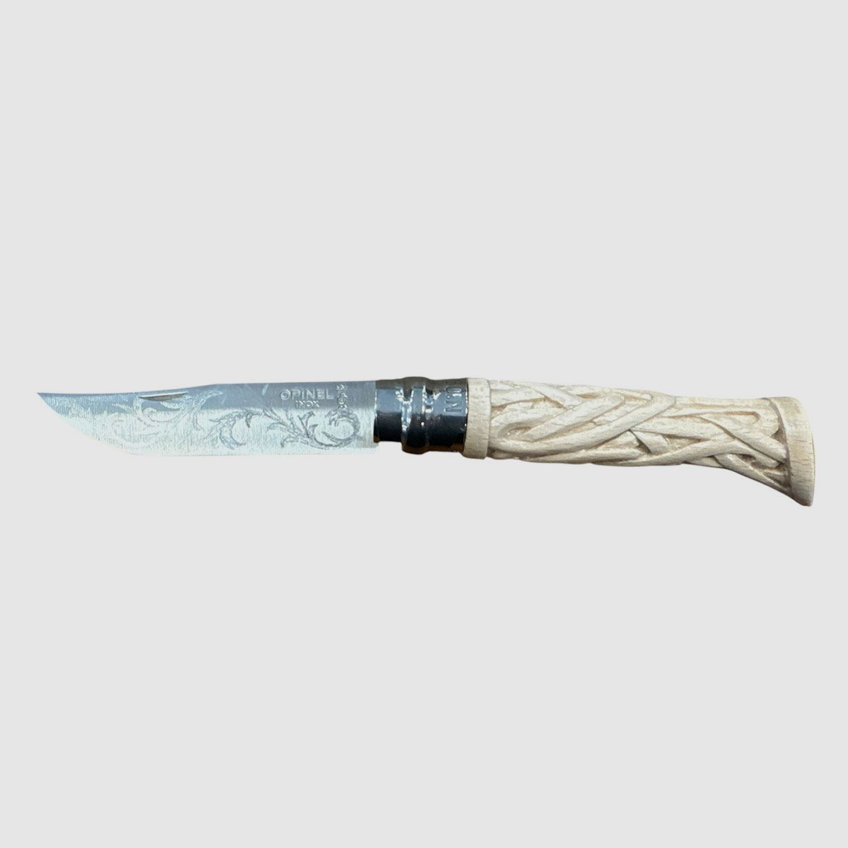 COLTELLO – OPINEL – N.9 INOX REALIZZATO A MANO INTAGLIO AD INTRECCIO, immagine 1 di 4