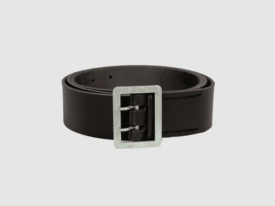 Police leather belt, 110cm, black, metal double prong buckle