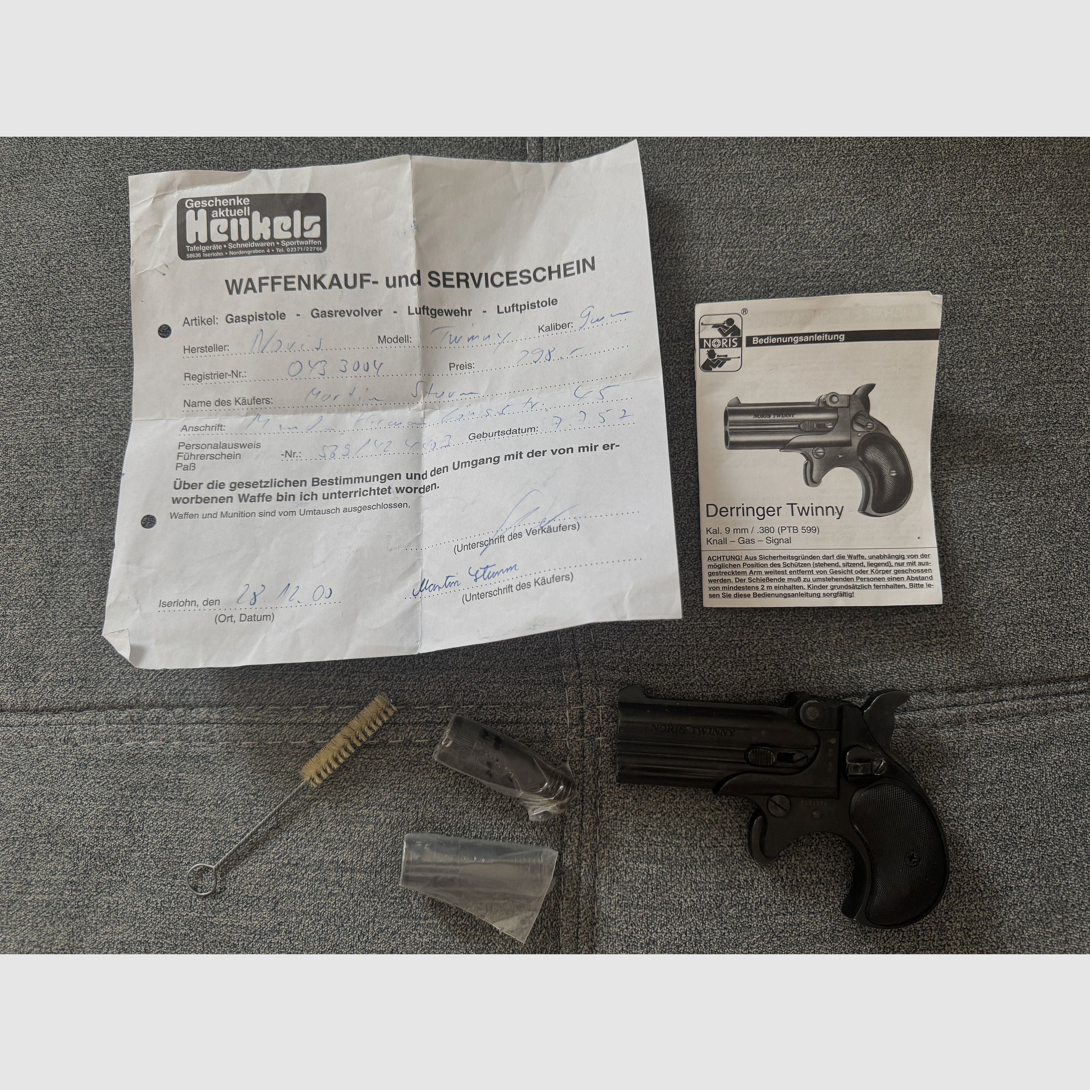 Schreckschuss Derringer Noris Twinny 9mm Knall (PTB 599) + accessoires & justificatif