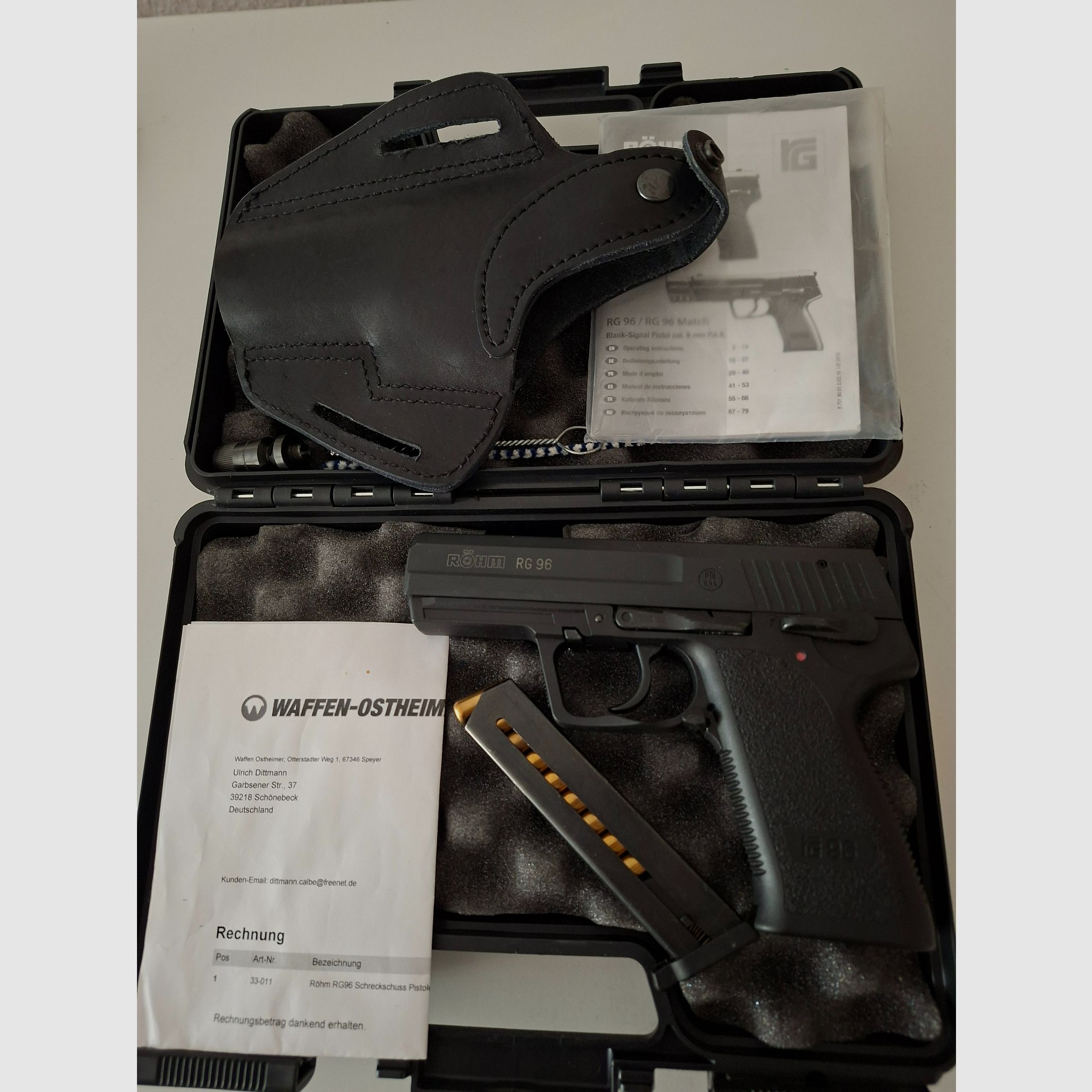 Röhm RG96, 9mm, P.A.K., Komplettset Mit Waffe, Koffer und VlaMiTex-Rindslederholster, Alles NEU und unbenutzt, Bild 2 von 2