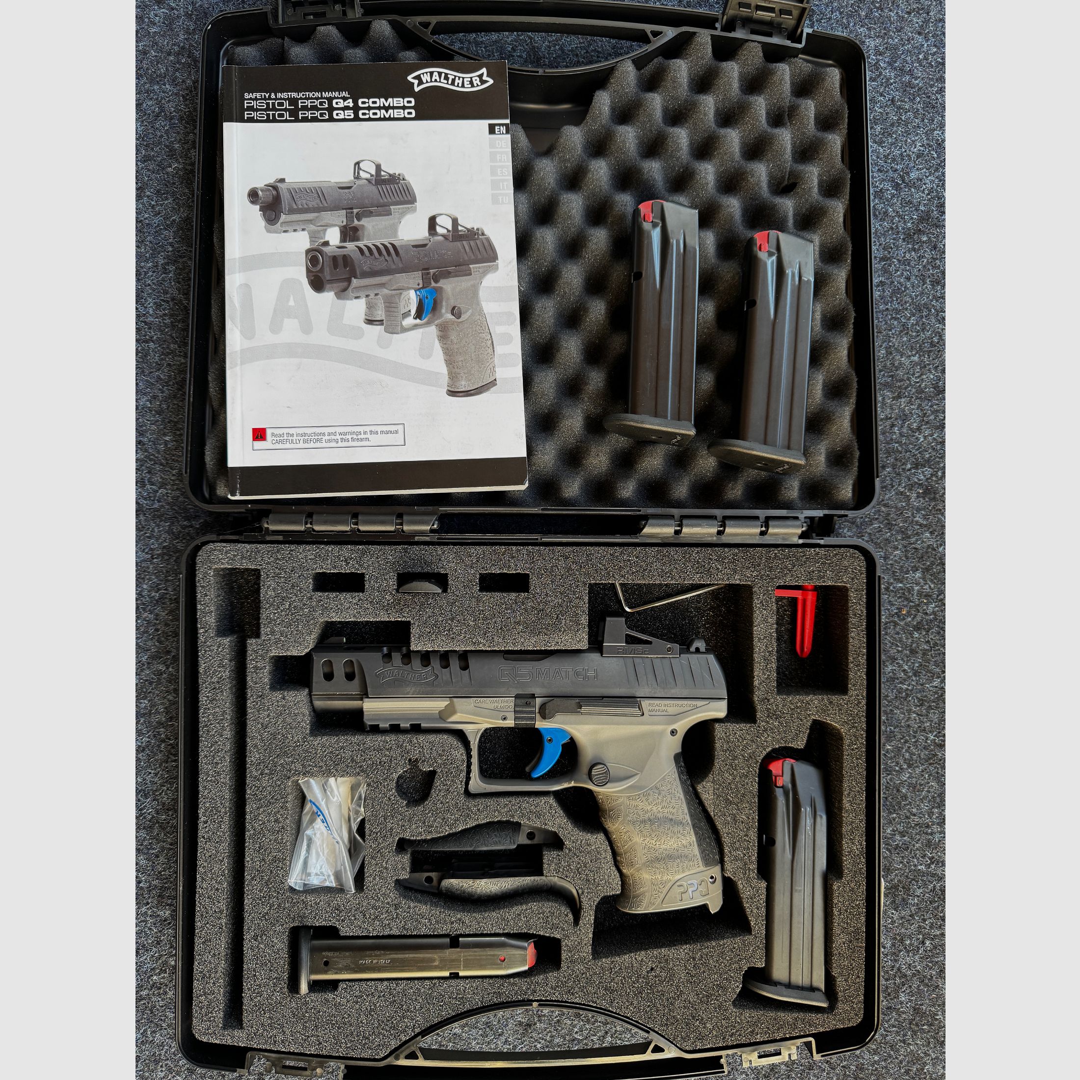 Walther PPQ Q5 Match (9×19 mm) — rama polimerowa • 4 magazynki • walizka + pełne akcesoria • zamontowany celownik punktowy Walther RMS C