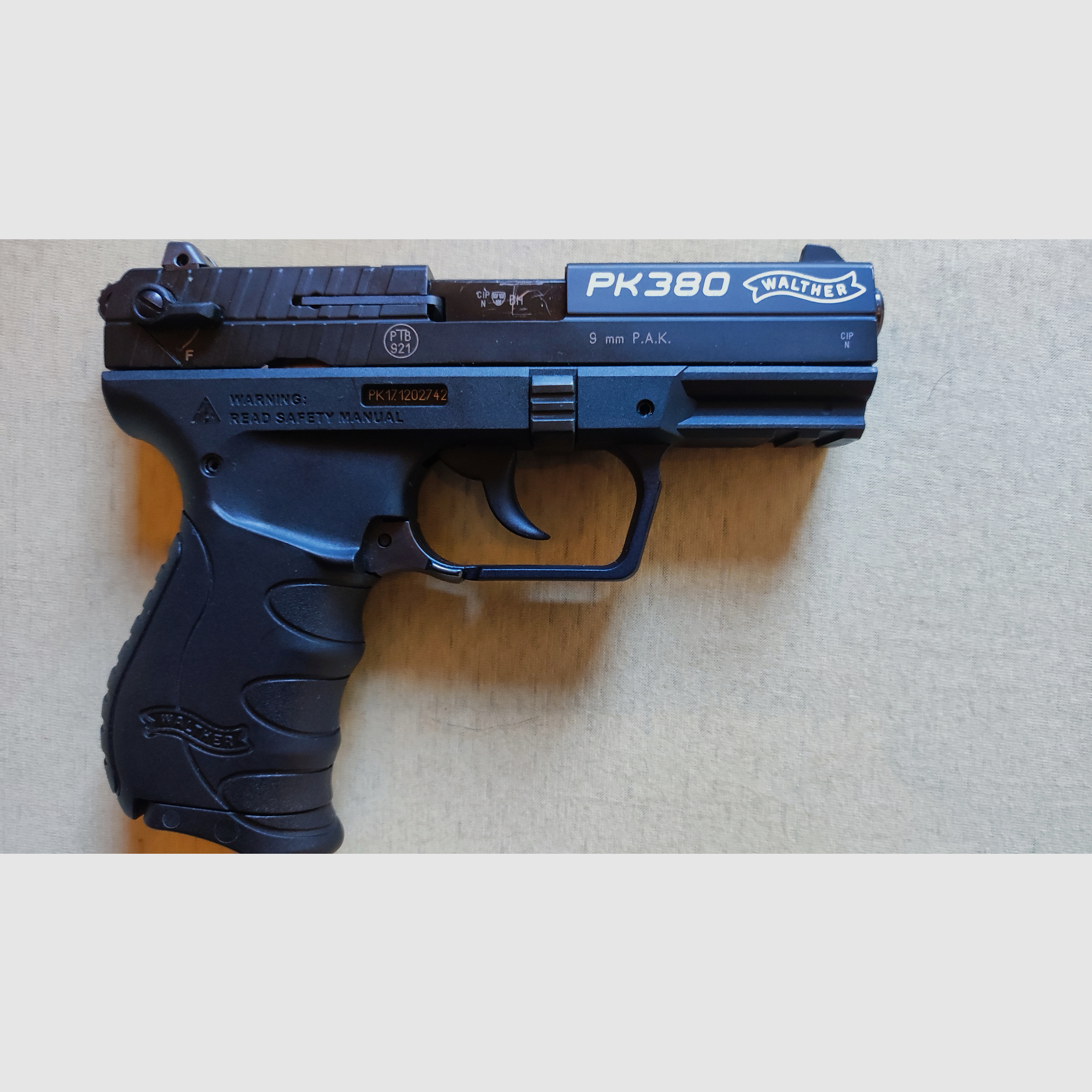 Walther PK 380 Stahlverschluss 9 mm PAK SRS Waffe