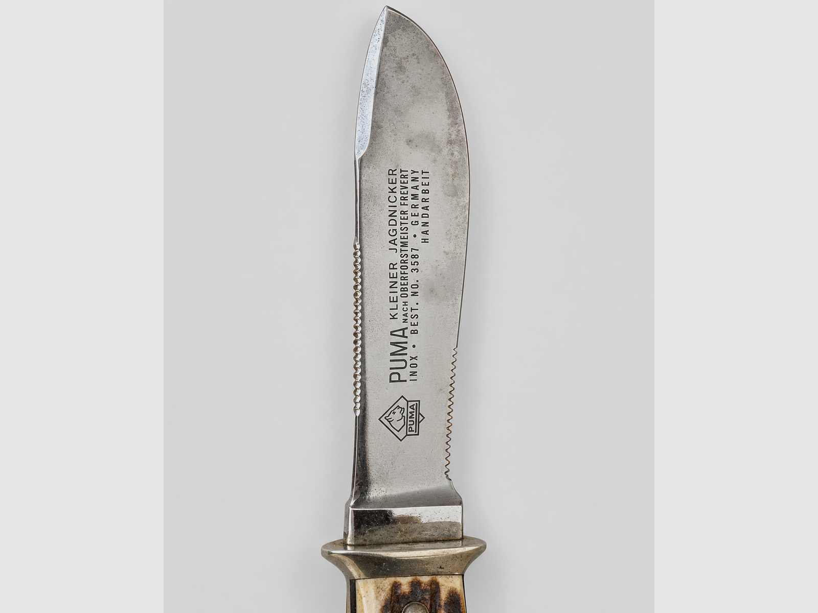 Original PUMA Waidbesteck nach Frevert 3588/3587 – Waidblatt + Jagdnicker + Lederscheide, Bild 4 von 4