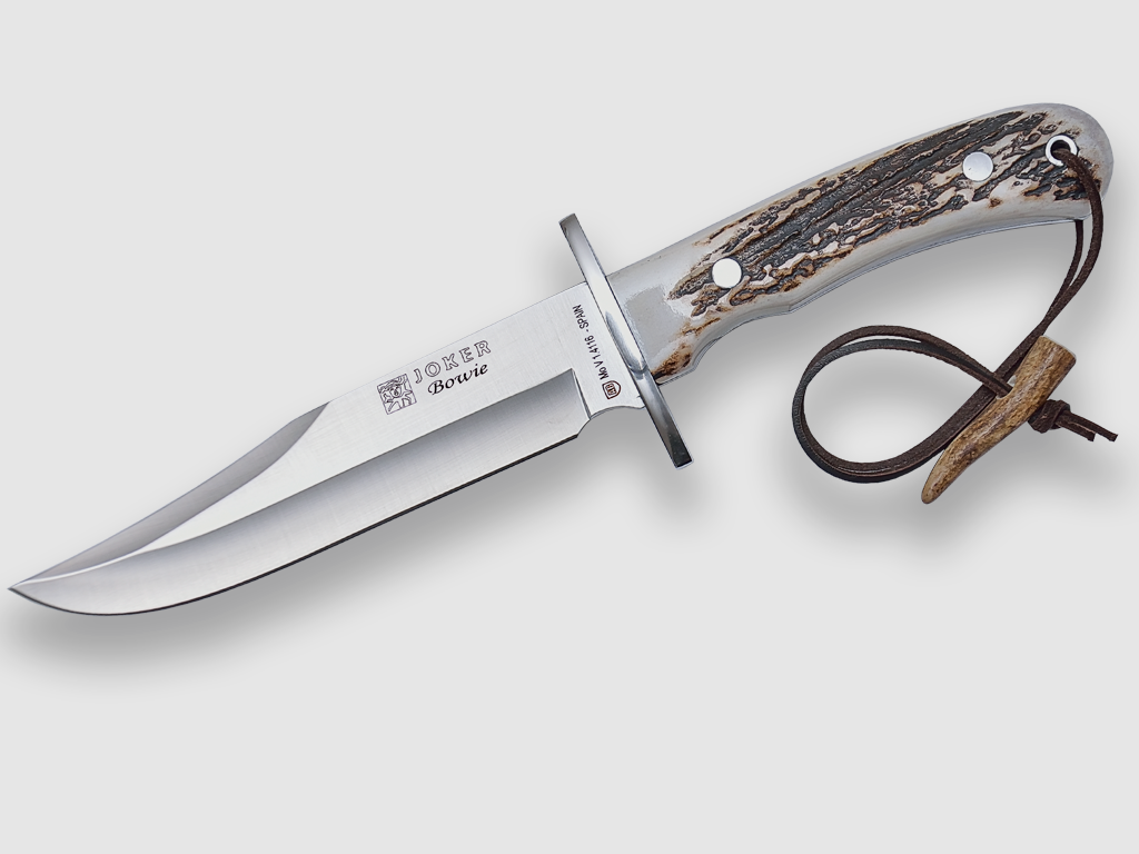 JACHTMES JOKER BOWIE MET HERTENHANDVAT EN 16 CM BLADE. LEREN HULLE