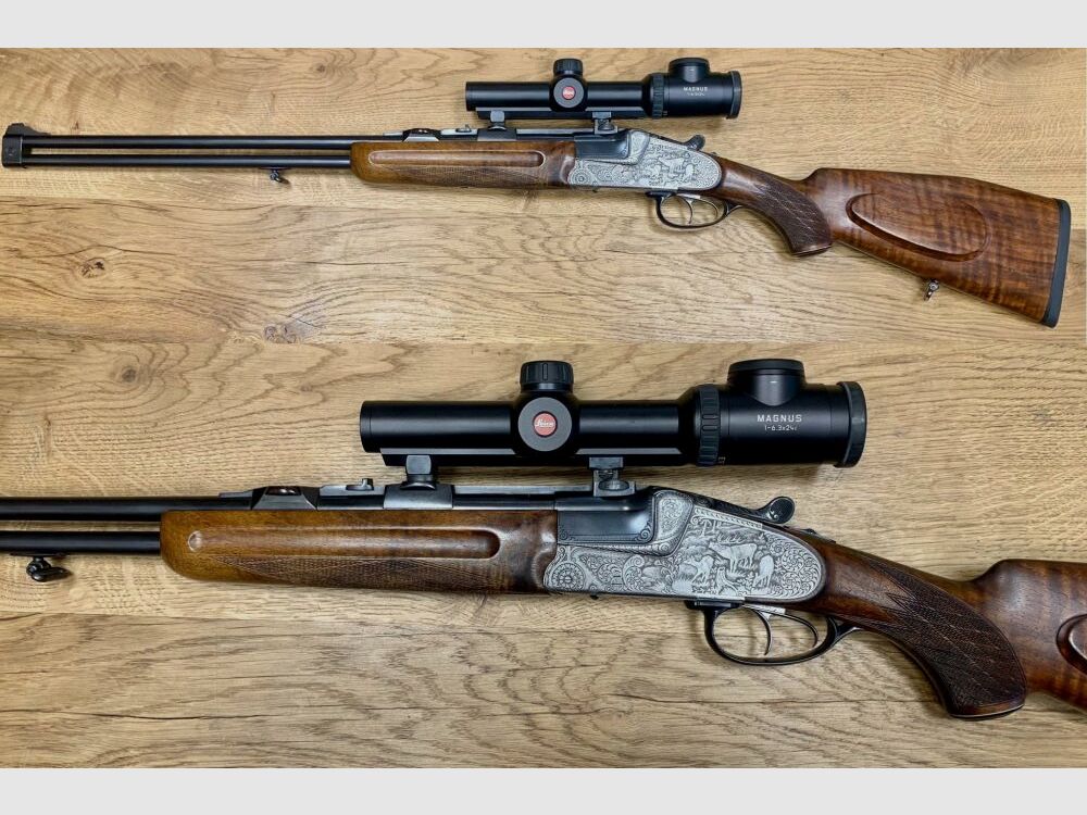 Krieghoff mit Leica Magnus Seitenschloss Doppelbüchse Primus (?)