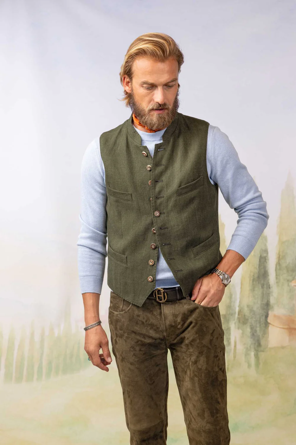 Habsburg Gilet da Uomo in Lino Friedrich Verde, immagine 1 di 3