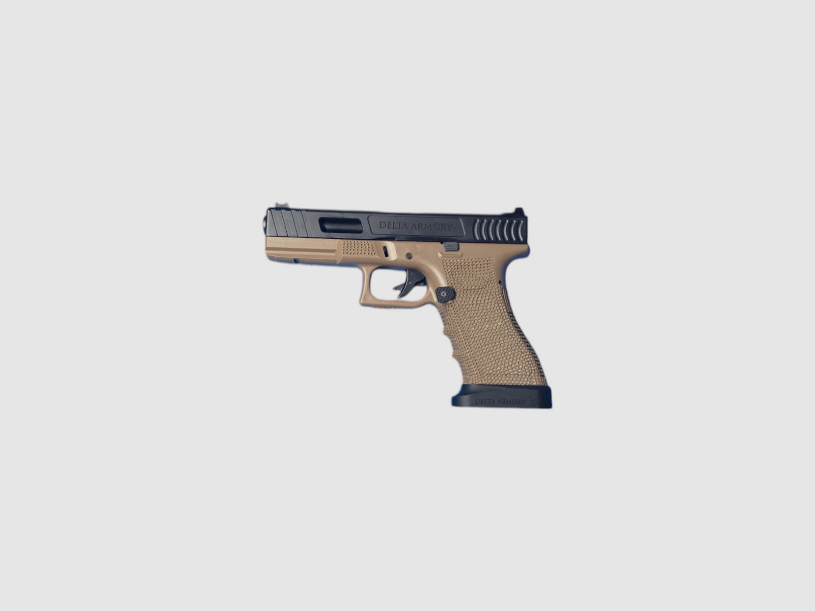 P01 GBB Airsoft Pistol with Grip Stippling in Tan | Delta Armory