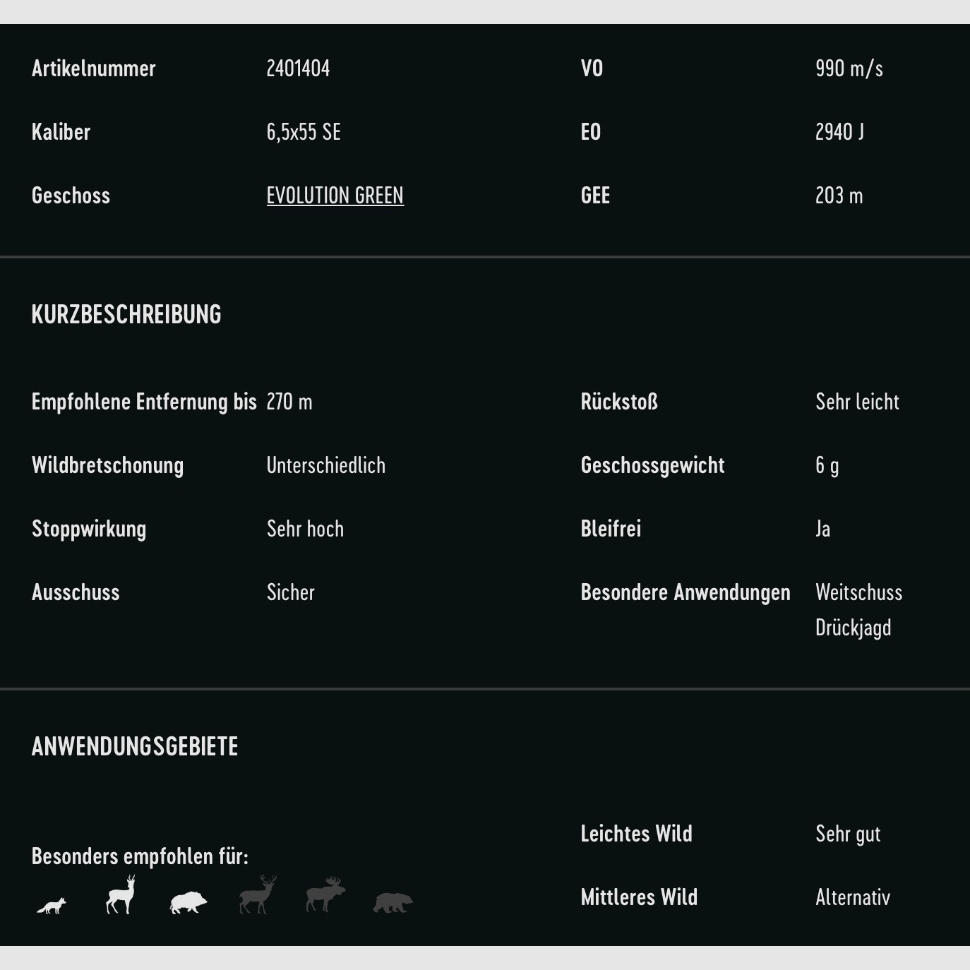 RWS 2401404 cartuchos de rifle 6,5x55 SE Evo Green 6,0g 93grs.