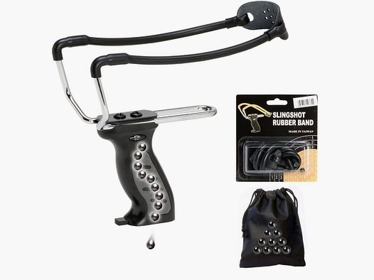Power slingshot black with replacement rubber and 200 steel balls in pouch