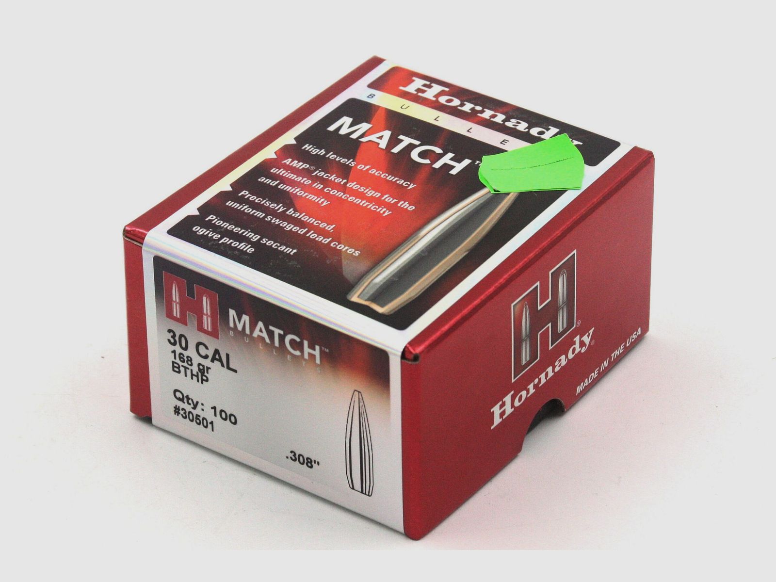 Büchsengeschosse, Hornady .308 Match HP-BT, 168gr, 100 Stk, .308 Win.