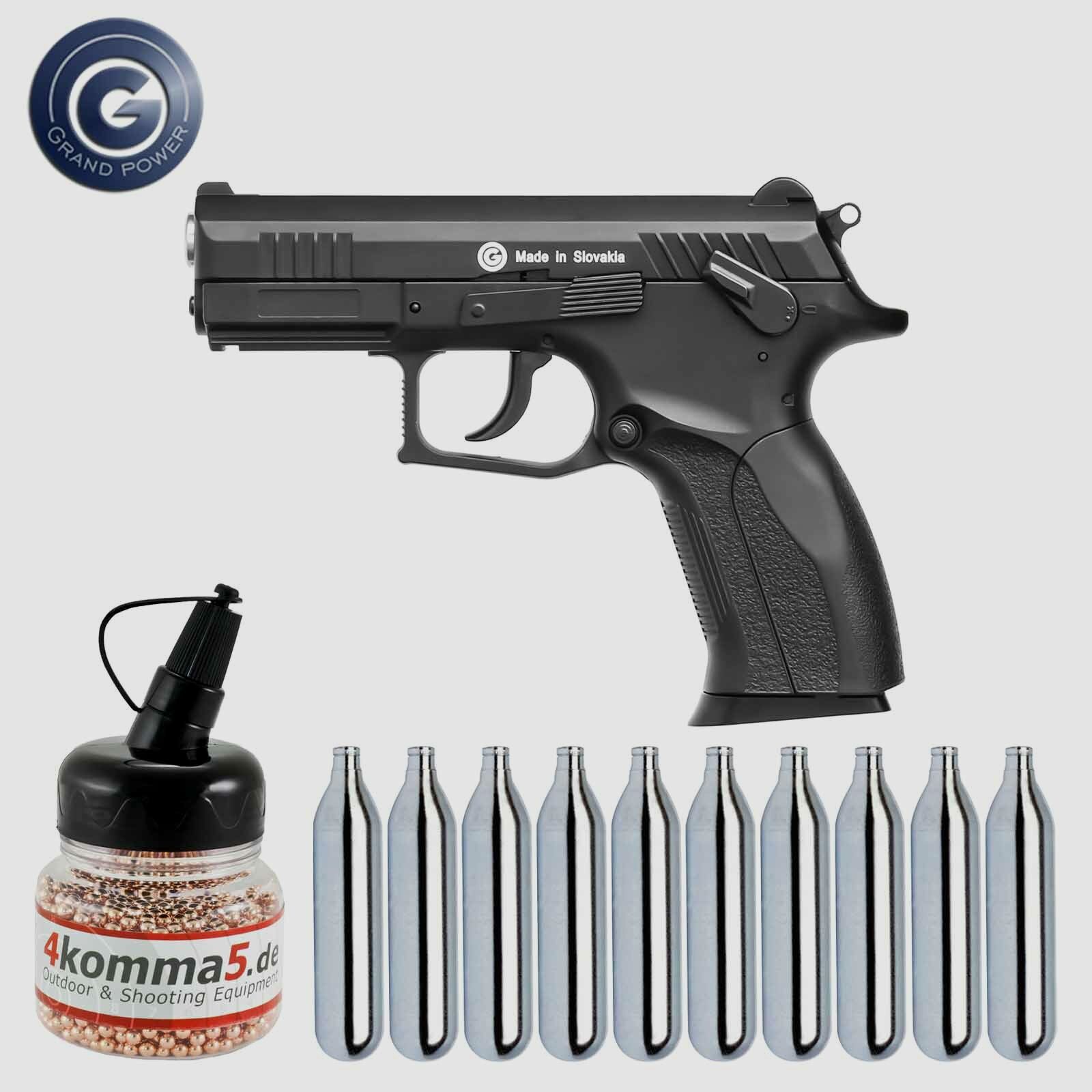 Luftpistolenset Grandpower P1MK7 Co2-Pistole Blow Back Kaliber 4,5 mm Stahl BB (P18) + 10 Co2-Kapseln + 1500 Stahl-BB's 4komma5