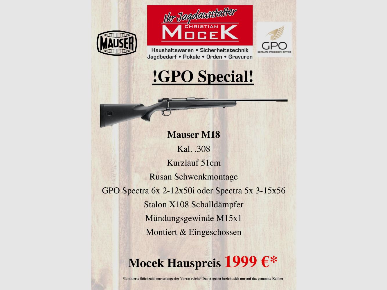 Mauser M18, with GPO Spectra 6x 2-12x50 or Spectra 5x 3-15x56, image 1 of 2