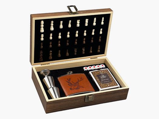 Edles Jagd-Spiele-Set mit Leder-Flachmann & Schach