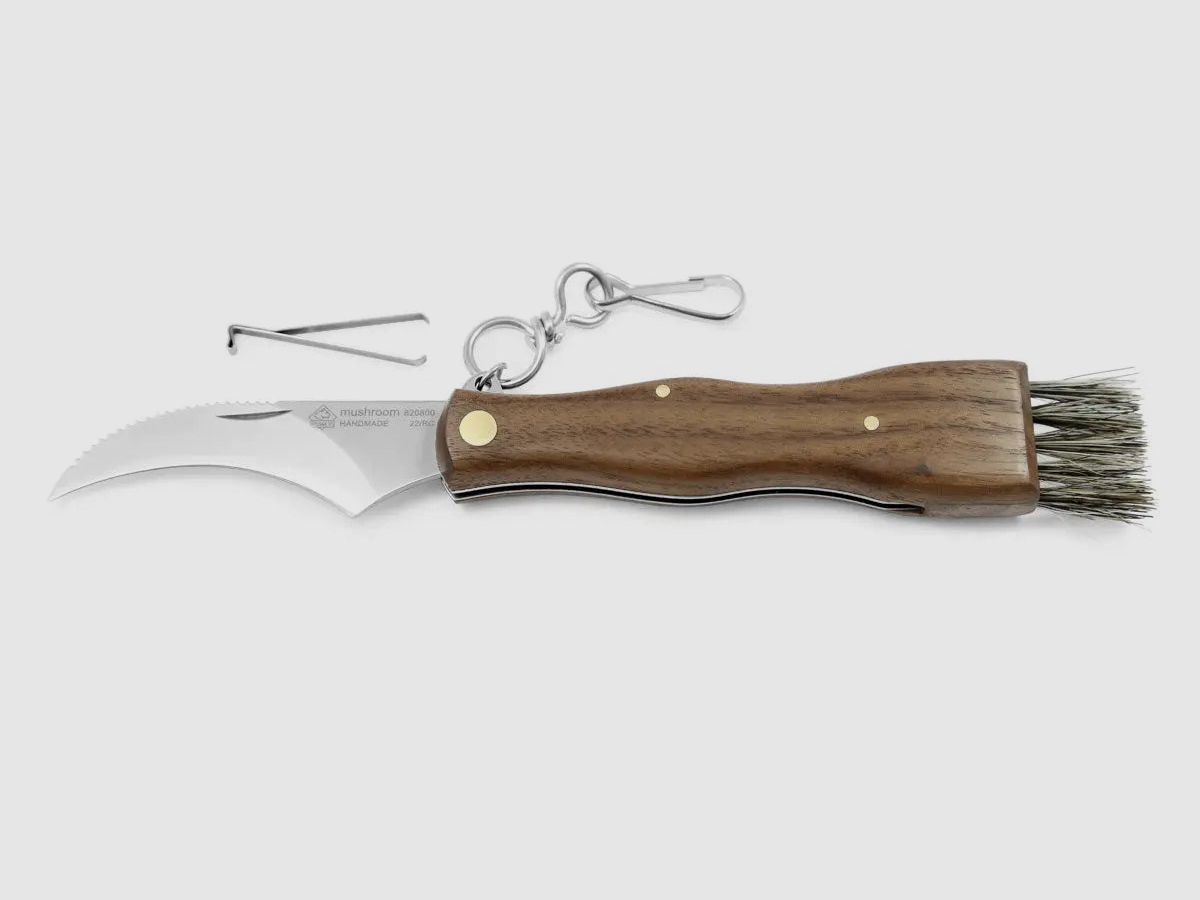Couteau à champignons PUMA IP avec brosse, pince à épiler et mousqueton, bois de noyer