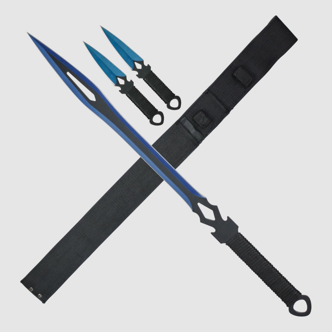 Rückenschwert mit Wurfmesser blau-schwarz