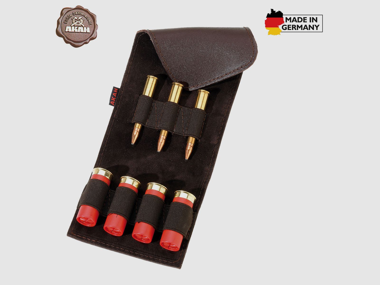 AKAH cartridge case made of buffalo leather for 3 bullet cartridges and 4 shotgun cartridges