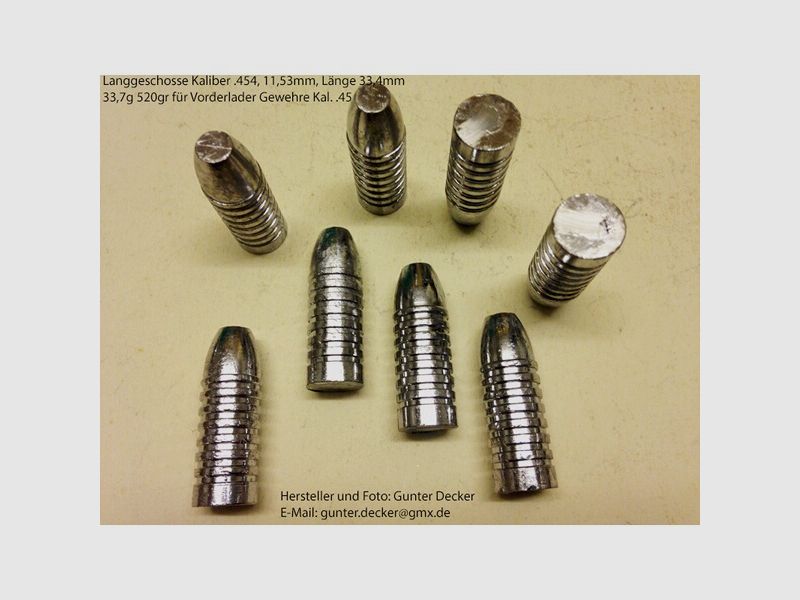 Langgeschosse Kaliber .454 11,53mm Länge 33,4mm 33,7g 520gr 7 Fettrillen für Vorderlader Gewehre .45