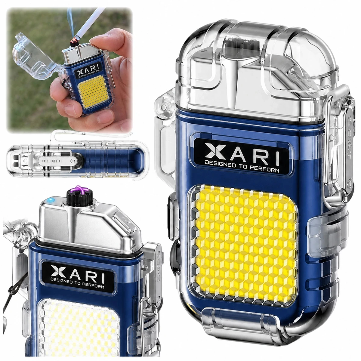 XARI blaue USB-C-Plasmafeuerzeug mit Doppelbogen und COB-Taschenlampe