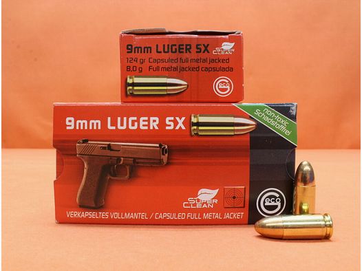 GECO Patrone 9mmLuger GECO 124grs FMJ (2318221) SX VE 50 Patronen (SuperClean-Schadstoffarm)/ 8,0g Vollmantel