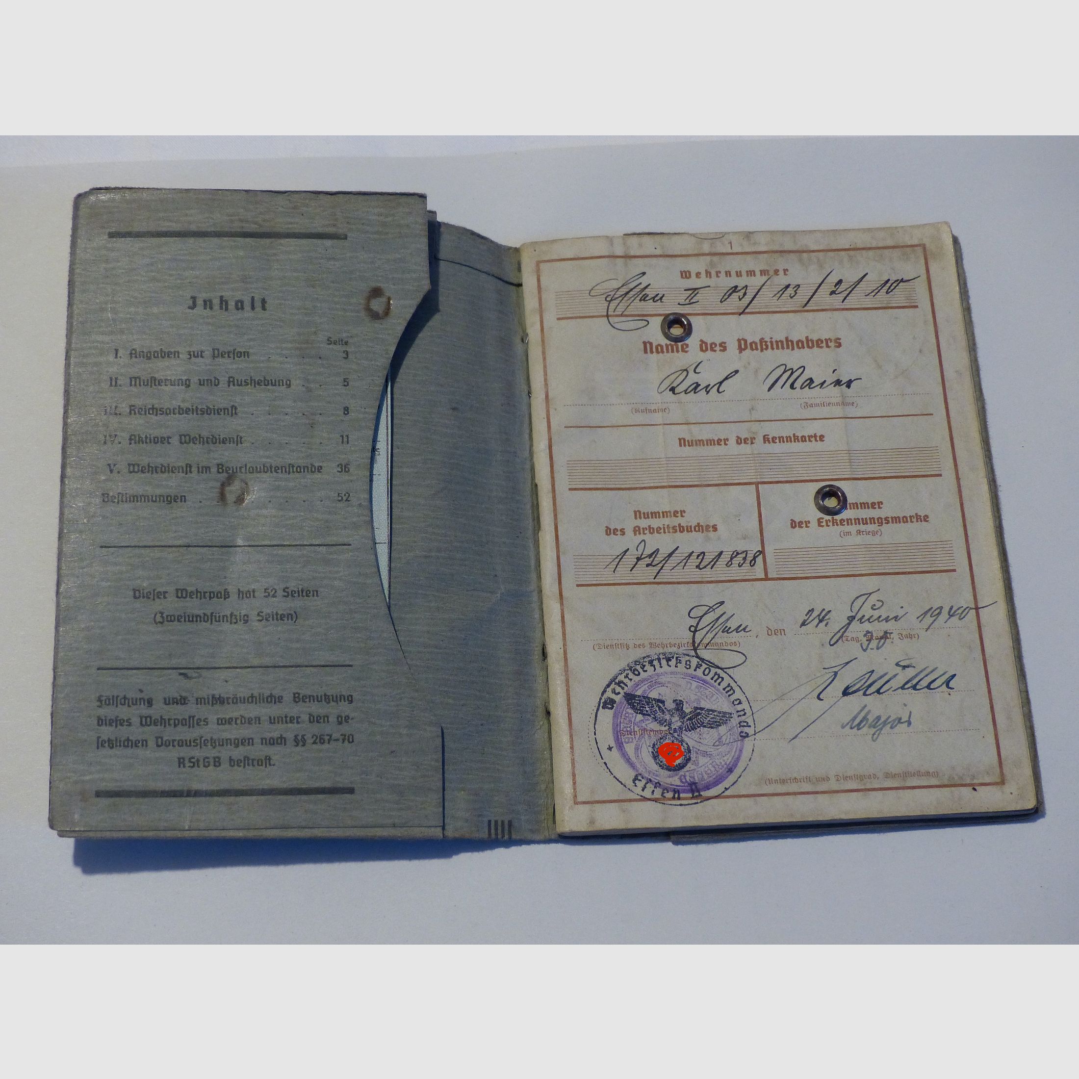 Wehrpaß 1940 WK II 2. WK Wehrbereichskommando Essen vintage