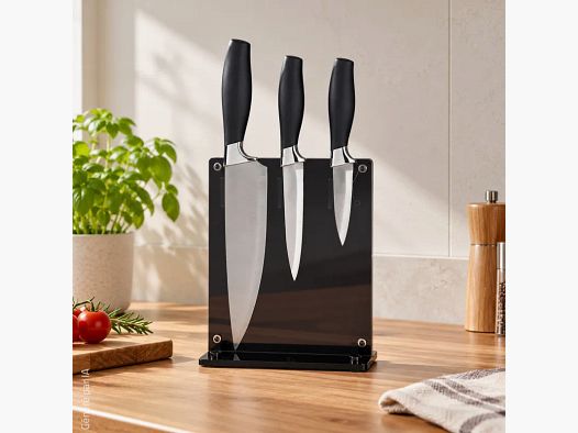 Set de 3 lames sur support acrylique noir - Lames acier inoxydable