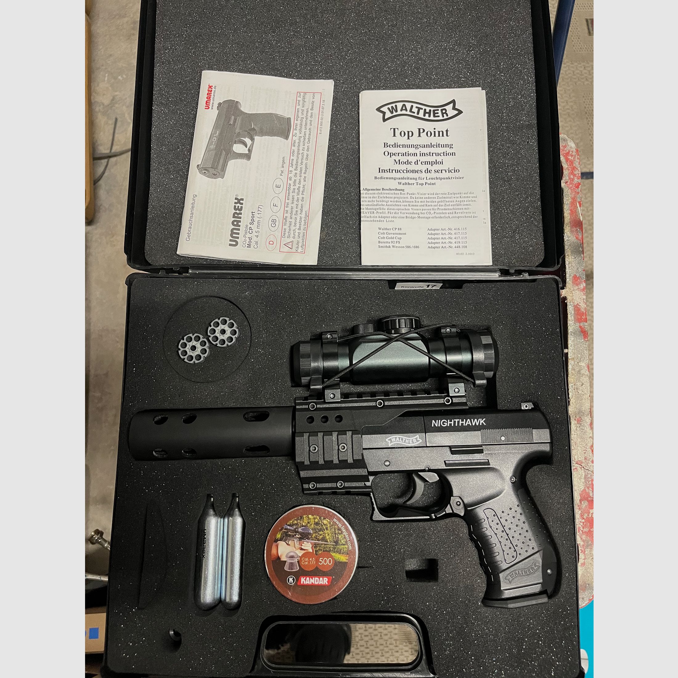 Walther Nighthawk Set, CO2, pistola ad aria, incl. ottica (reddot), compensatore & valigetta,