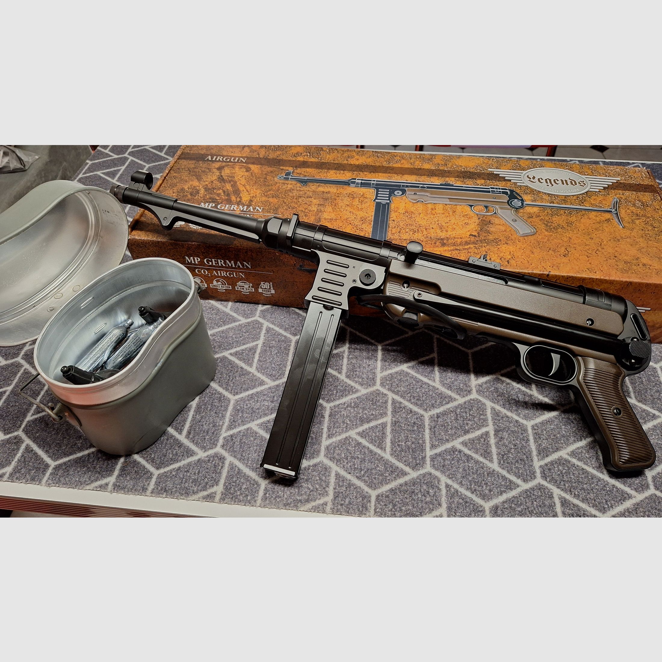 Legendy MP40 - 4,5 mm stalowe BB Co2 - Całkowicie metalowy! Z CO2+amunicją+uchwytem!
