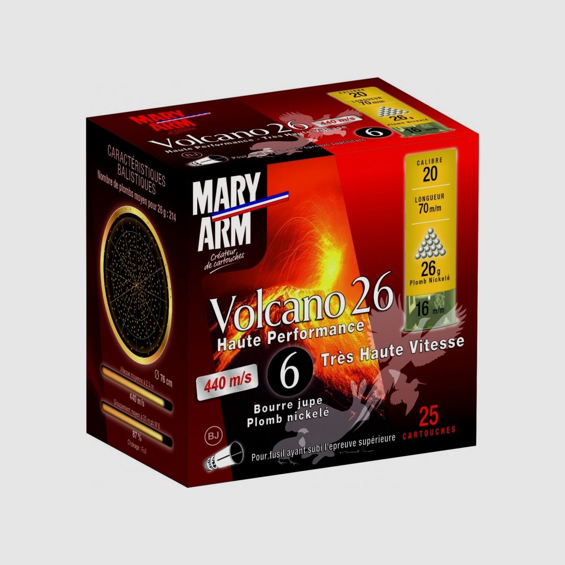 Doos van 25 Patronen Mary Arm Volcano 26 BJ Kaliber 20 - 26GR - BJ - PB 6