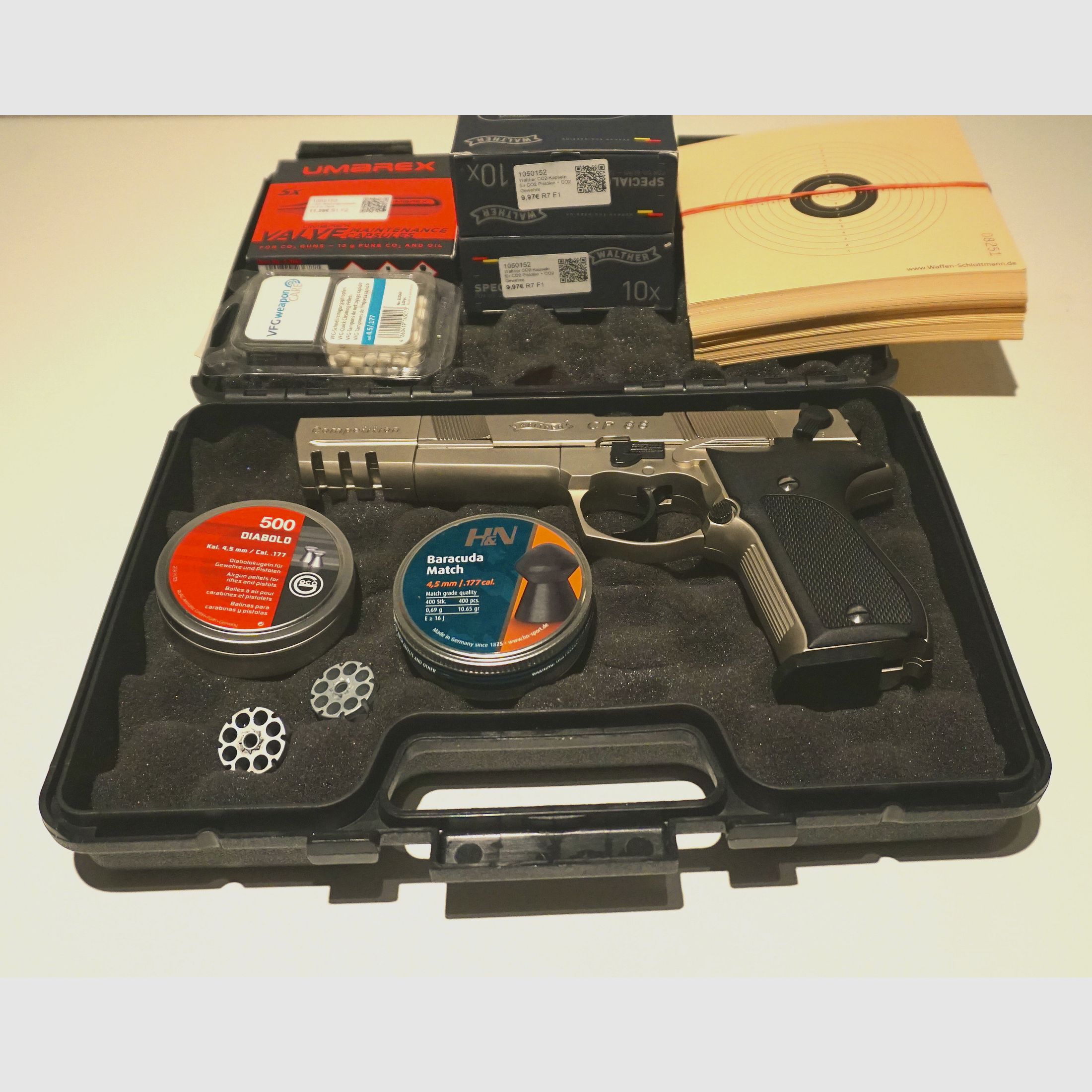 Walther CP88 Competition vernickelt von Umarex inkl. CO2 Patronen, Diabolos und Reinigungszubehör