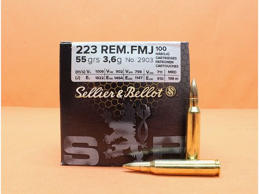 Patrone .223Rem S&B/ Sellier&Bellot 55grs FMJ (2903) VE 100 Patronen/ 3,6g Vollmantel