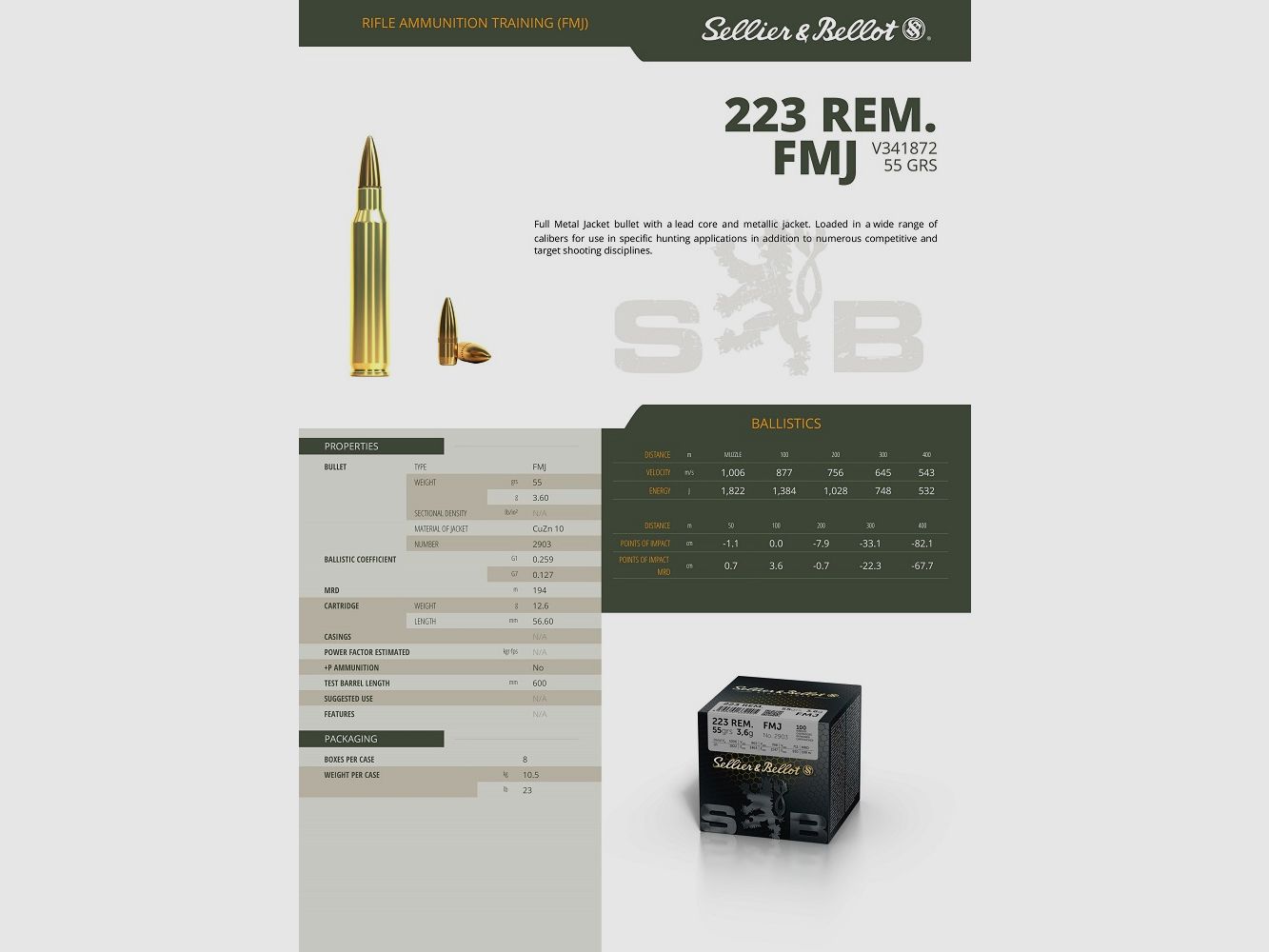Sellier Bellot Munizioni Cal. .223 Rem FMJ 55 gr (da 500), immagine 2 di 2