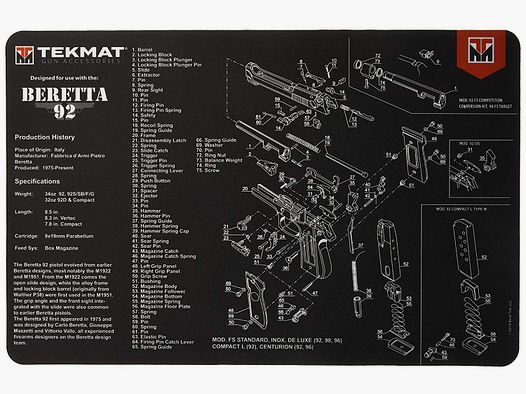 TEKMAT DISASSEMBLY MAT FOR PISTOL (VISUAL BERETTA 92)