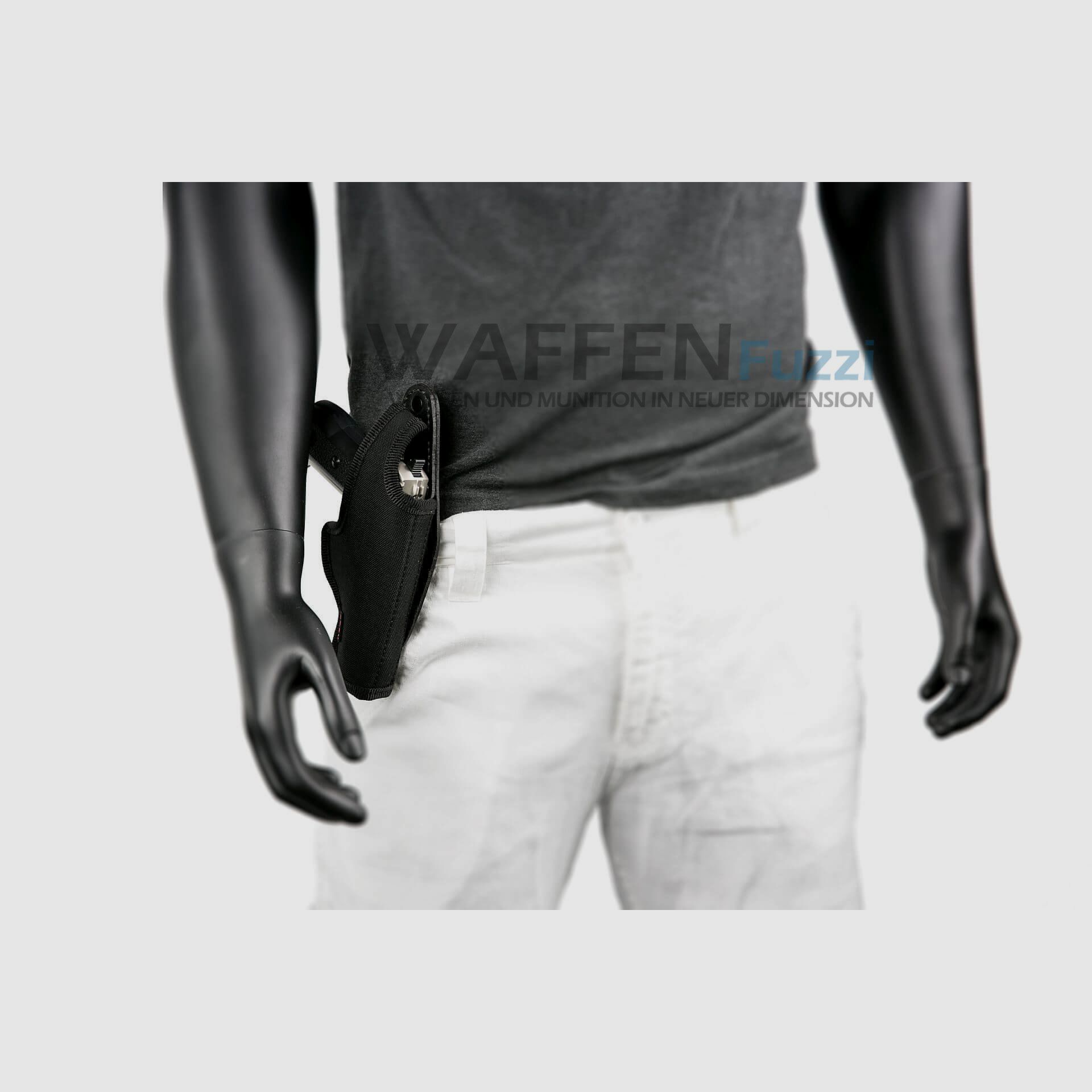 Gürtelholster mit Clip für große Pistolen mit justierbarem Knopfverschluss