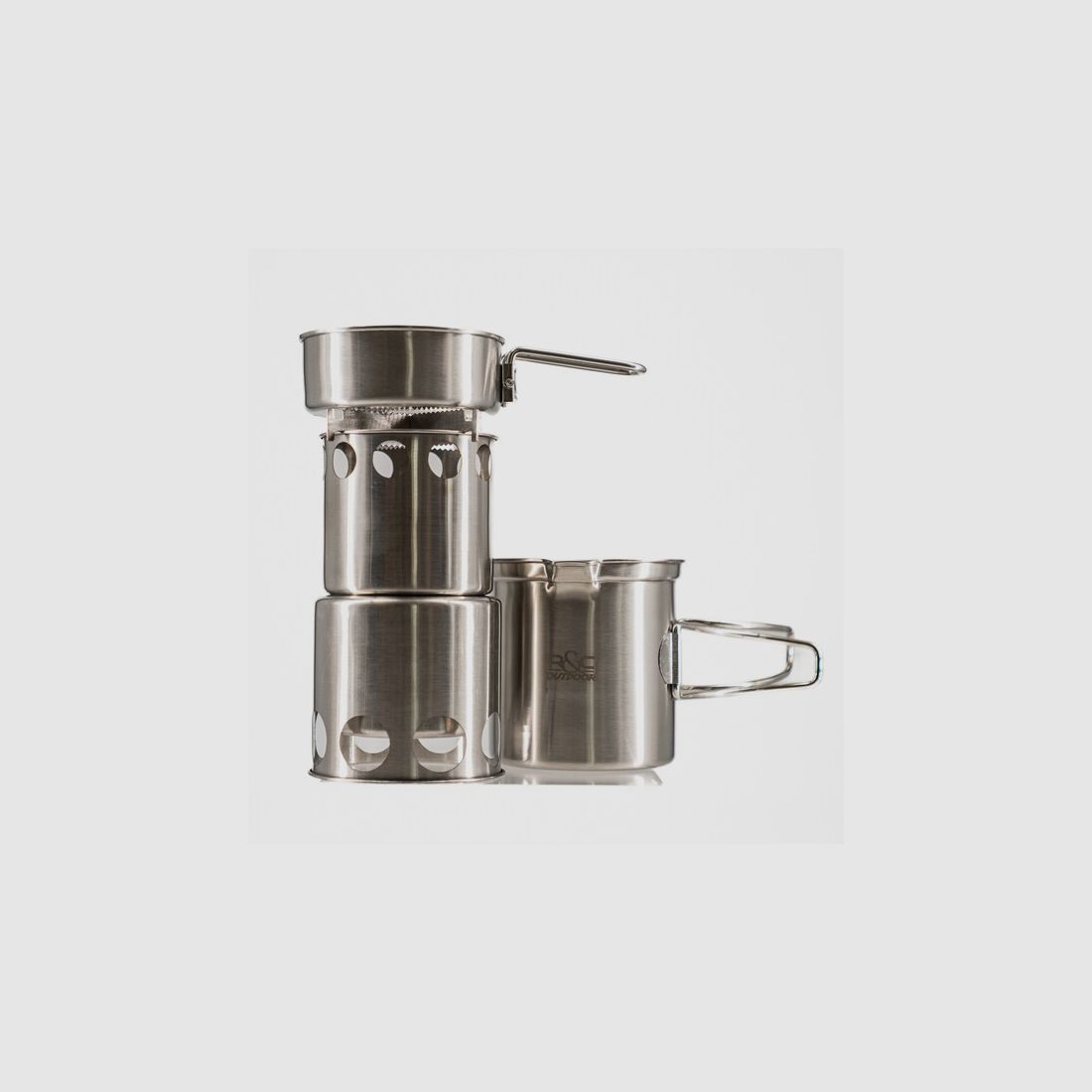 Outdoor Edelstahl Reise Kochset von R&C Outdoor - bestehend aus Kocher + Topf + Pfanne