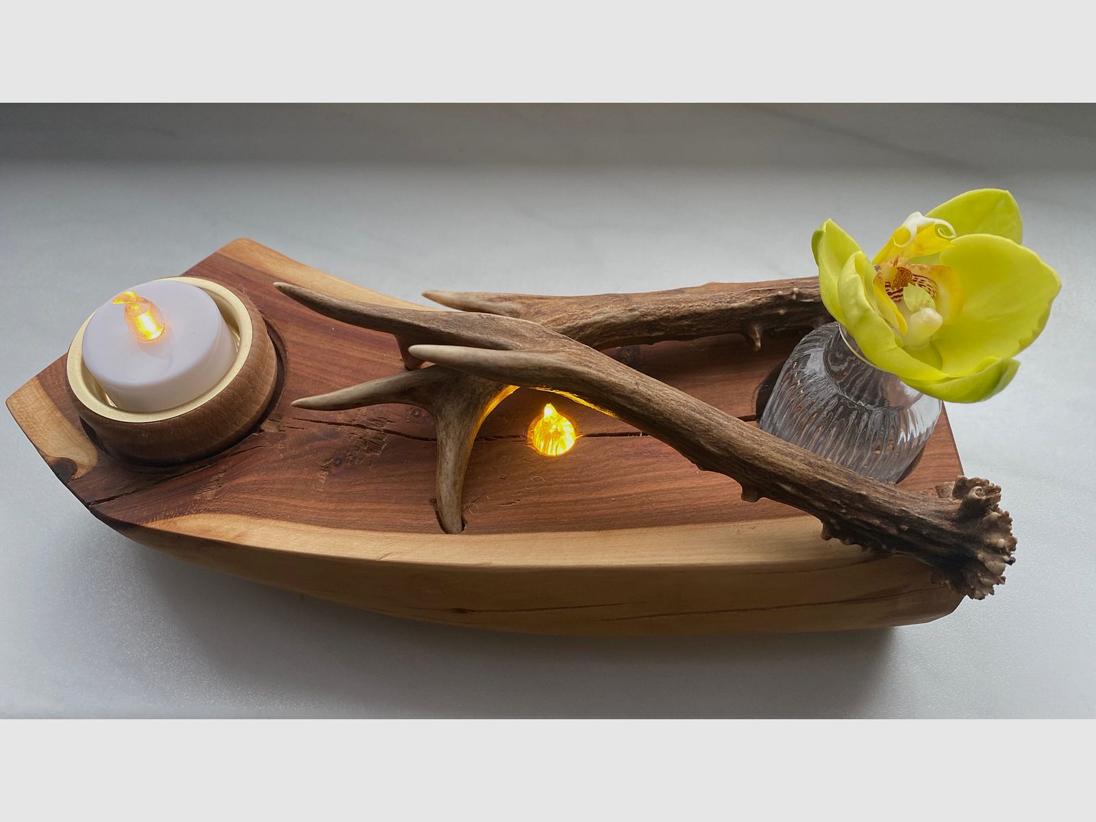 Tischdeko Deko Beleuchtung Vase Geweihstangen Holz