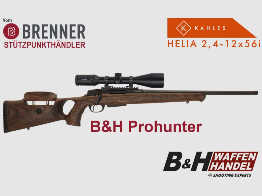 Paquete completo Brenner: BR20 B&H Prohunter culata con ajuste incluido. Kahles Helia 2.4-12x56 montado listo para caza rifle de repetición.
