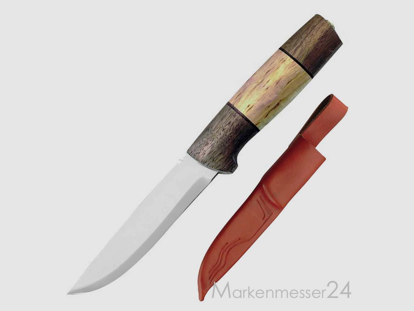 Helle Outdoormesser,Modell 90 Brokar,Nussbaum,Birkenholz,Lederscheide