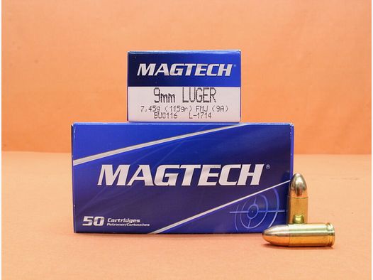 Magtech Patrone 9mmLuger Magtech 115grs FMJ/ FMC (9A) VE 50 Patronen/ 7,45g Vollmantel
