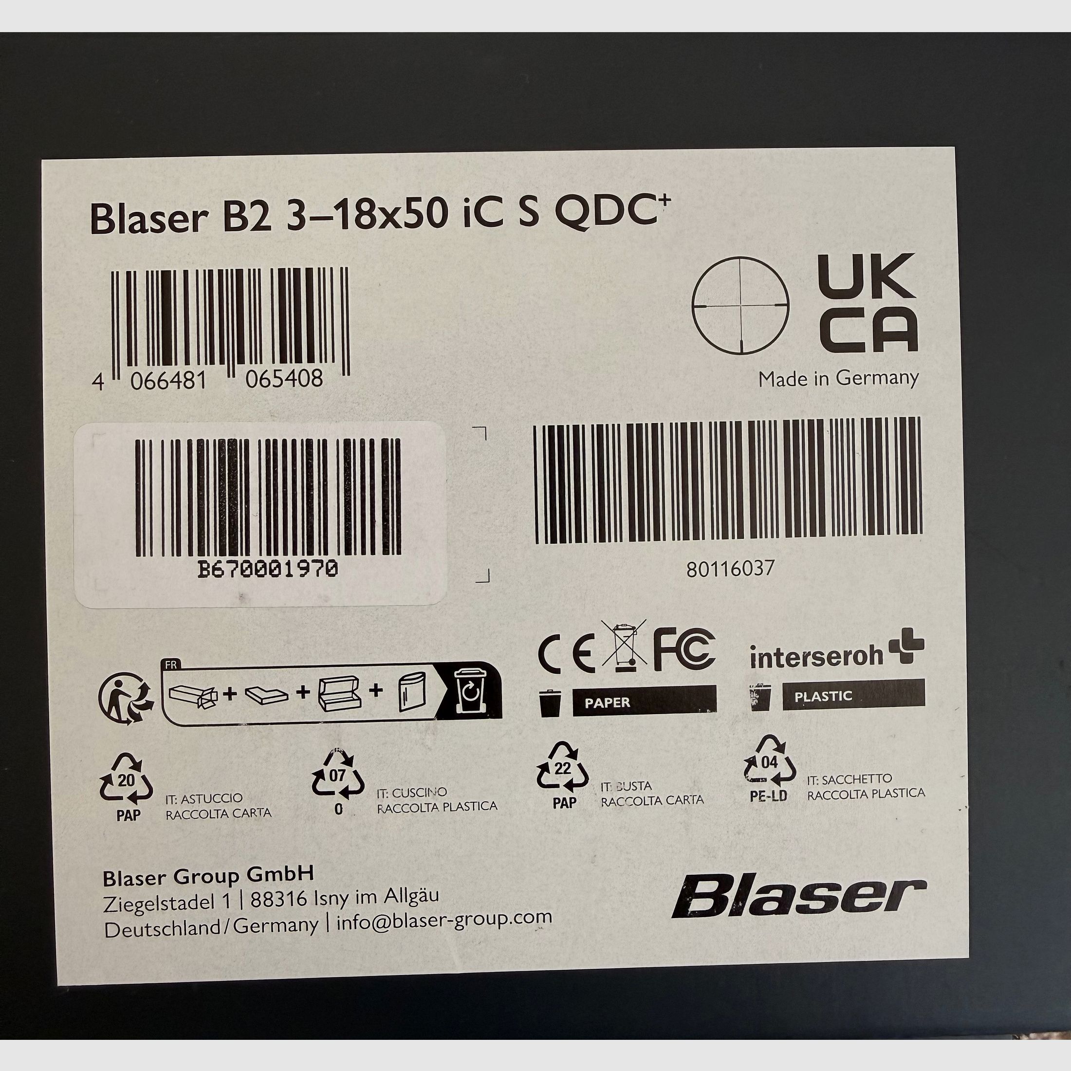 Blaser B2 3-18x50 IC S QDC - with ballistic turret and rail